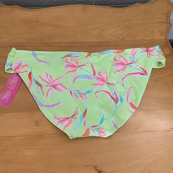 Ninety-Nine° Juniors XL Ruched High Side Hipster Swim Bottoms Lime Green Floral - Picture 2 of 6